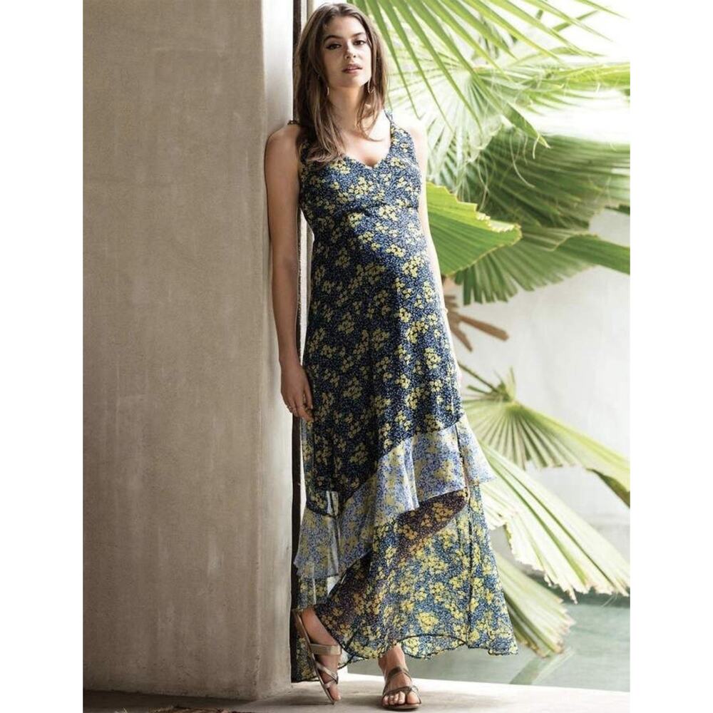 A Pea In The Pod Maternity Dress Maxi XS Baby Shower Floral Blue Yellow Flowy